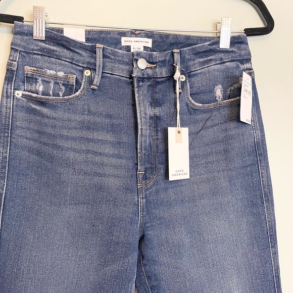 GOOD AMERICAN Blue Raw Distressed Good Curve Straight Leg Denim Jeans Size 6 NWT - Picture 5 of 16